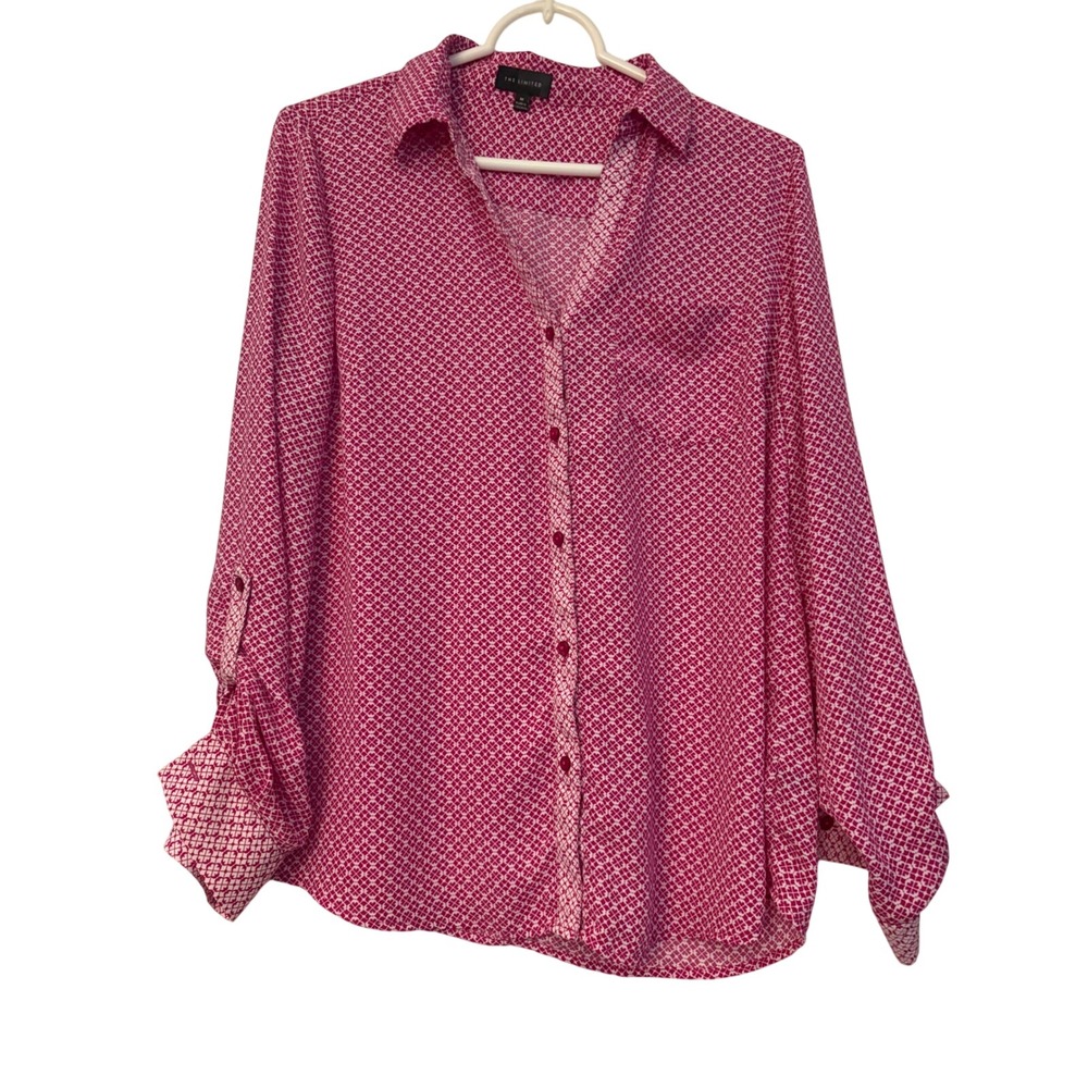 The Limited Pink White Geometric Clover‎ Print Button Down Blouse M